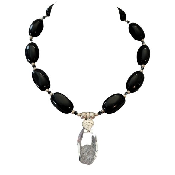 Sterling Silver Black Onyx Clear Geometrical Crystal Pendant Necklace E872 - Picture 7 of 16
